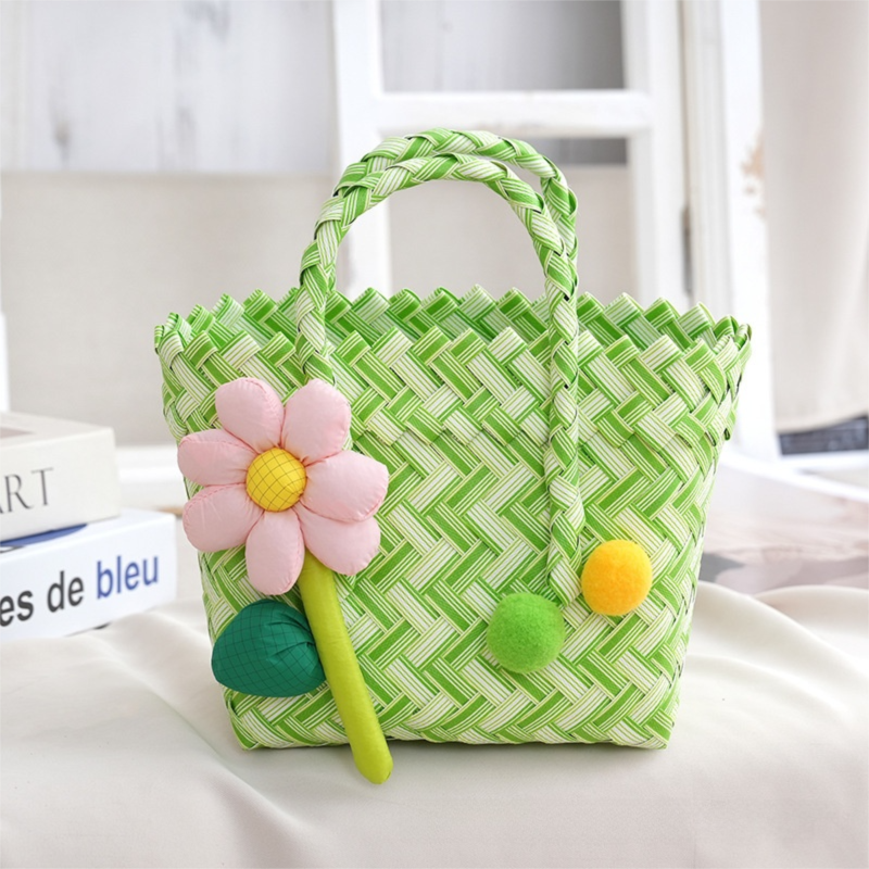 Handwoven Fresh PP Tote Bag with Upright Square Structure & Flower Deco, Durable Mini Spring Picnic Basket and Favour Handbag 16x16x9cm, Green White Contrastion