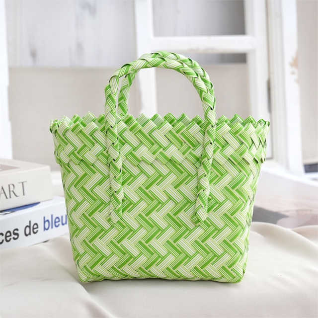 Handwoven Fresh PP Tote Bag with Upright Square Structure, Durable Mini Spring Picnic Basket and Favour Handbag 16x16x9cm, Green White Contrastion