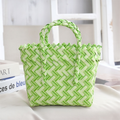Handwoven Fresh PP Tote Bag with Upright Square Structure, Durable Mini Spring Picnic Basket and Favour Handbag 16x16x9cm, Green White Contrastion