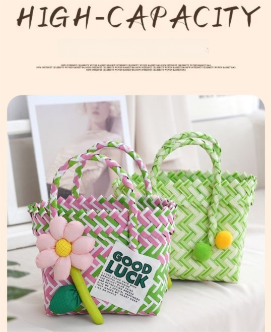 Handwoven Fresh PP Tote Bag with Upright Square Structure, Durable Mini Spring Picnic Basket and Favour Handbag 16x16x9cm, Green White Contrastion