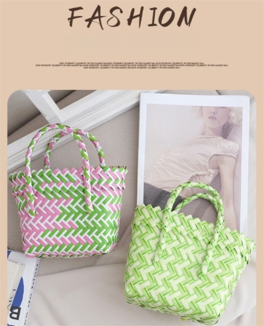 Handwoven Fresh PP Tote Bag with Upright Square Structure, Durable Mini Spring Picnic Basket and Favour Handbag 16x16x9cm, Green White Contrastion