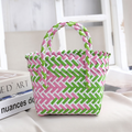 Handwoven Fresh PP Tote Bag with Upright Square Structure, Durable Mini Spring Picnic Basket and Favour Handbag 16x16x9cm, Green Pink Contrastion