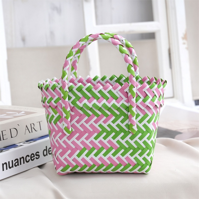 Handwoven Fresh PP Tote Bag with Upright Square Structure, Durable Mini Spring Picnic Basket and Favour Handbag 16x16x9cm, Green Pink Contrastion