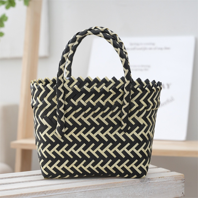 Handwoven Fresh PP Tote Bag with Upright Square Structure & Flower Deco, Durable Mini Spring Picnic Basket and Favour Handbag 16x16x9cm, Black Contrastion