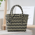 Handwoven Fresh PP Tote Bag with Upright Square Structure & Flower Deco, Durable Mini Spring Picnic Basket and Favour Handbag 16x16x9cm, Black Contrastion