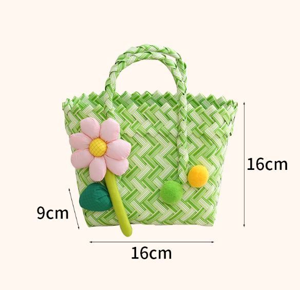 Handwoven Fresh PP Tote Bag with Upright Square Structure & Flower Deco, Durable Mini Spring Picnic Basket and Favour Handbag 16x16x9cm, Black Contrastion