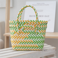 Handwoven Fresh PP Tote Bag with Upright Square Structure & Flower Deco, Durable Mini Spring Picnic Basket and Favour Handbag 16x16x9cm, Green Yellow Contrastion