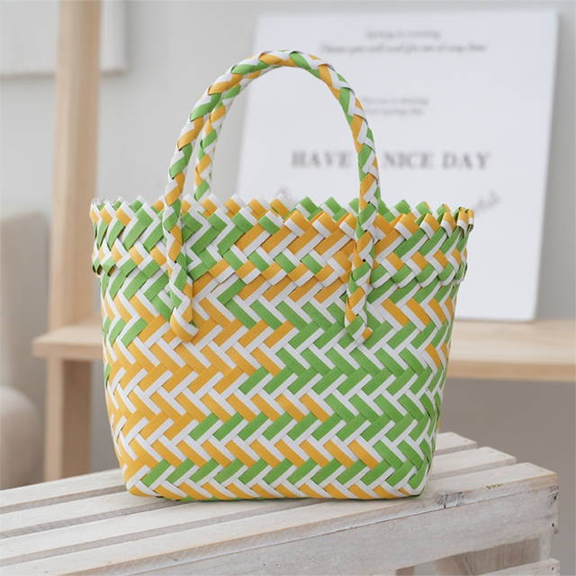 Handwoven Fresh PP Tote Bag with Upright Square Structure & Flower Deco, Durable Mini Spring Picnic Basket and Favour Handbag 16x16x9cm, Green Yellow Contrastion