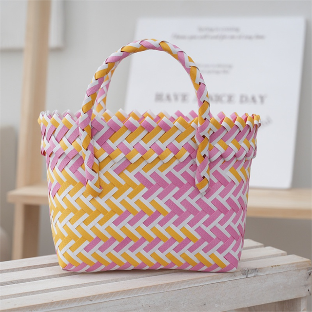 Handwoven Fresh PP Tote Bag with Upright Square Structure & Flower Deco, Durable Mini Spring Picnic Basket and Favour Handbag 16x16x9cm, Pink Yellow Contrastion