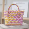 Handwoven Fresh PP Tote Bag with Upright Square Structure & Flower Deco, Durable Mini Spring Picnic Basket and Favour Handbag 16x16x9cm, Pink Yellow Contrastion