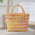 Handwoven Fresh PP Tote Bag with Upright Square Structure & Flower Deco, Durable Mini Spring Picnic Basket and Favour Handbag 16x16x9cm, Orange Yellow Contrastion