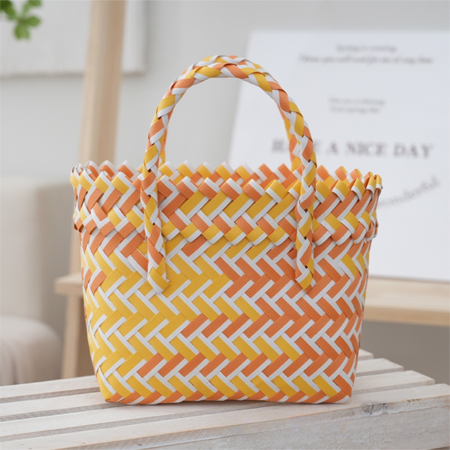 Handwoven Fresh PP Tote Bag with Upright Square Structure & Flower Deco, Durable Mini Spring Picnic Basket and Favour Handbag 16x16x9cm, Orange Yellow Contrastion