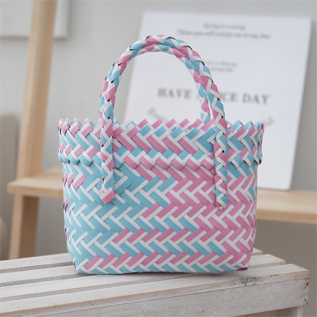Handwoven Fresh PP Tote Bag with Upright Square Structure & Flower Deco, Durable Mini Spring Picnic Basket and Favour Handbag 16x16x9cm, Pink Blue Contrastion