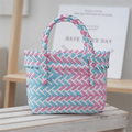 Handwoven Fresh PP Tote Bag with Upright Square Structure & Flower Deco, Durable Mini Spring Picnic Basket and Favour Handbag 16x16x9cm, Pink Blue Contrastion