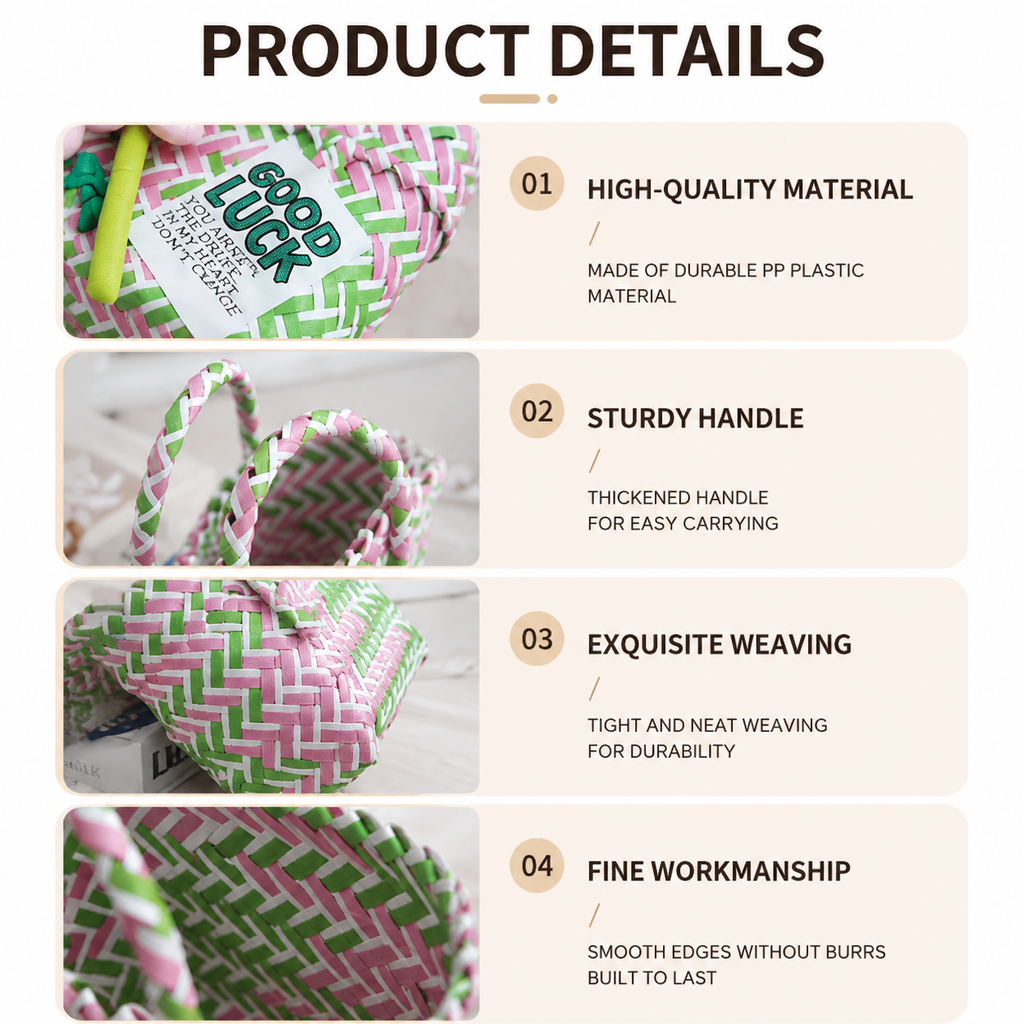 Handwoven Fresh PP Tote Bag with Upright Square Structure & Flower Deco, Durable Mini Spring Picnic Basket and Favour Handbag 16x16x9cm, Pink Blue Contrastion